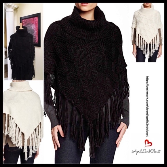 BLACK PONCHO PULLOVER FRINGE CAPE SWEATER A3C - Picture 2 of 7